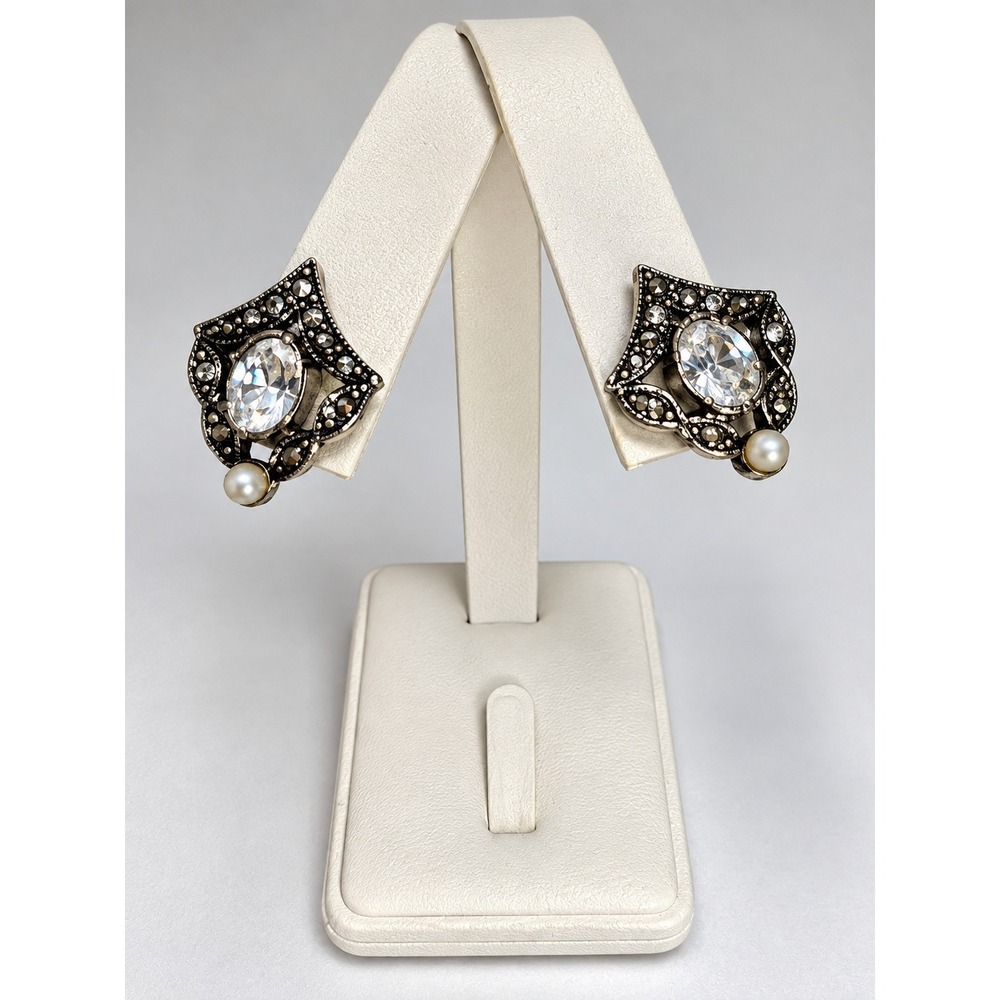 Vintage Style Marcasite Rhinestone Pearl Stud Earrings Ornate Filigree Costume